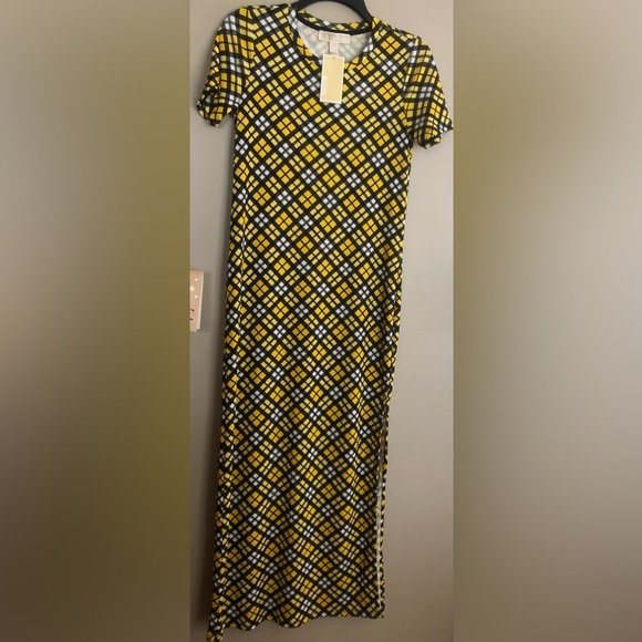 NWT MICHAEL KORS Yellow Plaid Maxi Dress Side Slit  Size P/S - Picture 2 of 3